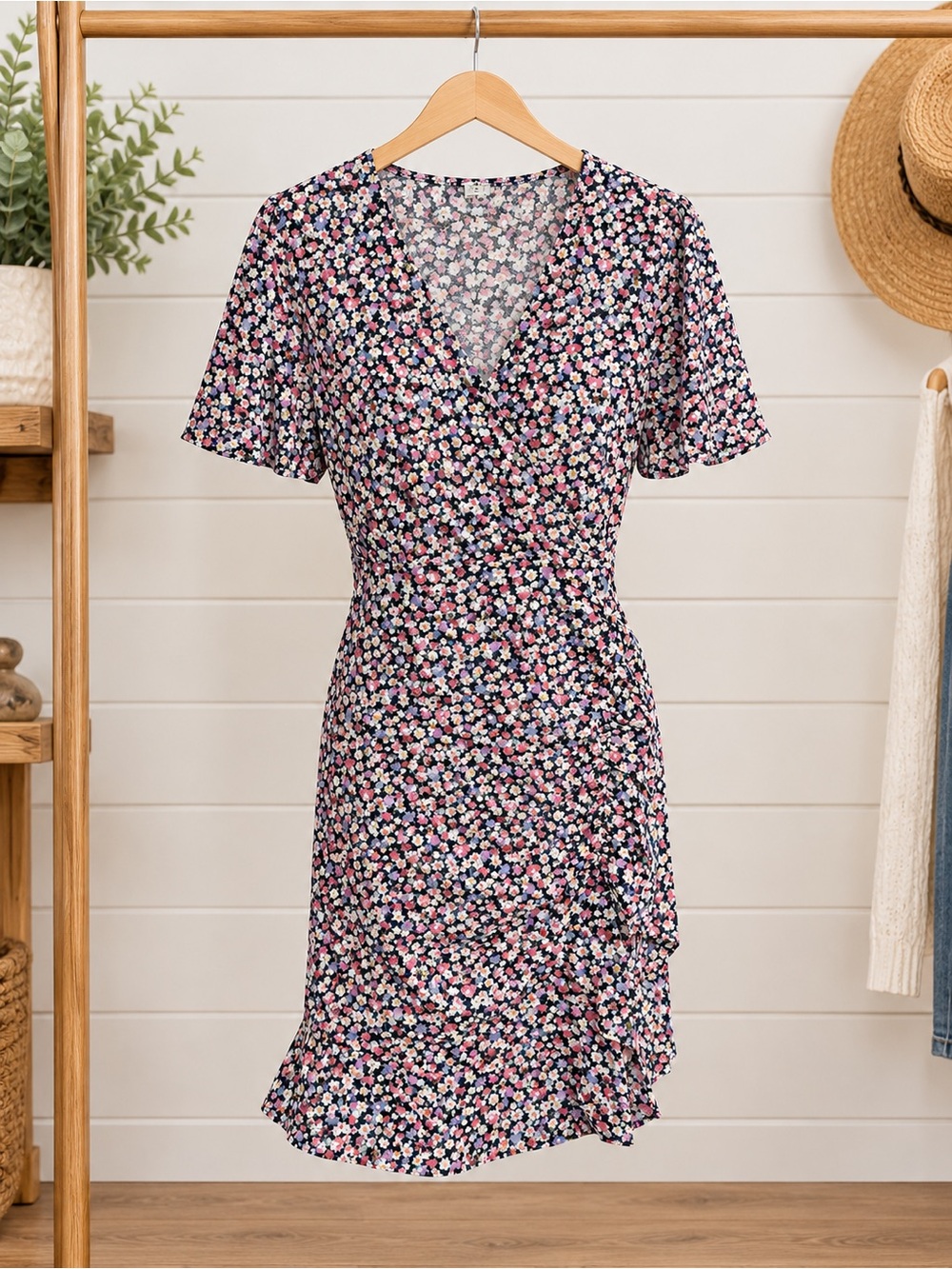 💕 Floral V-Neck Dress in Grey Cream Beige and Pink with Bottom Flare Ruffle